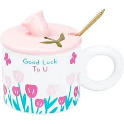 Чашка керамічна Happy Life Tulips з кришкою та ложкою блакитна 300 мл HP7190P