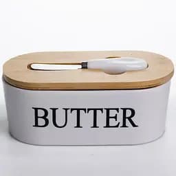 Маслянка порцелянова Yiwu з бамбуковою кришкою та ножем для масла білий CYT-W