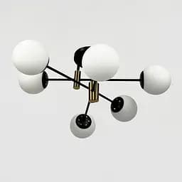 Стельова чорна люстра з латунною фурнітурою на 6 білих плафонів Ø 65 см | Line F | Арт. 81188/6 CP+BK+WT