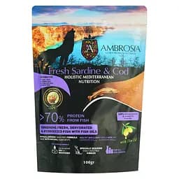 Сухой корм Ambrosia Mediterranean для пожилых, кастрированных собак всех пород с контролем веса с сардиной и треской 100 г