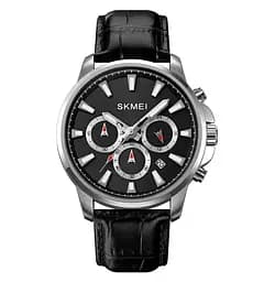Чоловічий наручний годинник Skmei 2071 з ремінцем з еко-шкіри (Чорний з сріблястим)