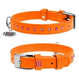 Ошейник для собак кожаный Waudog Glamour с QR-паспортом с клеевыми стразами Ш 15 мм Д 27-36 см оранжевый