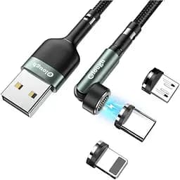 Кабель магнітний зі швидкою зарядкою Elough 7 Contact 3 A, 3 в 1 Micro USB/Lightning/Type C, обертання на 540°, 1 м, круглий конектор, зелений (12014)