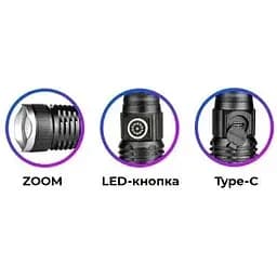 Ручний ліхтар RB-290 акумуляторний із зумом TG LED Type-C 18650 Чорний - мініатюра 4