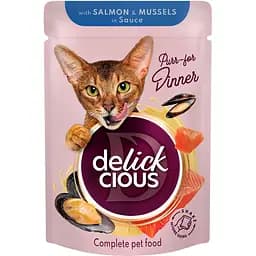 Влажный корм для кошек Delickcious кусочки с лососем и мидиями в соусе 85 г