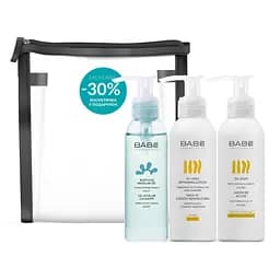 Подарунковий набір №4 Babe Laboratorios: Міцеллярний гель для делікатного та глибокого очищення + Мило для душу на основі олій з формулою без води та лугів + Відновлювальний лосьйон для сухої та чутливої шкіри з 10% сечовини + Косметичка