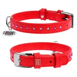 Нашийник для собак шкіряний Waudog Glamour з QR-паспортом з клейовими стразами Ш 15 мм Д 27-36 см червоний