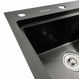Кухонна мийка чорна PVD 78x43 L Platinum Handmade (два отвори, круглий сифон 3,0/0,8), Чорний - мініатюра 5