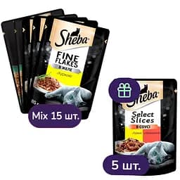 Набір вологого корму для котів Sheba, в асортименті 15 шт. + з куркою та яловичиною в соусі 5 шт. 1.7 кг (20 шт. х 85 г)