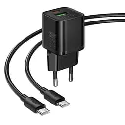 Сетевое зарядное устройство с проводом Hoco N65 Ingenious GaN PD20W+QC 3.0 Type-C to Type-C универсальная зарядка 2 порта Черный