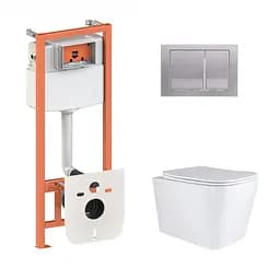 Подвесной унитаз Qtap Tern + инсталляция Qtap Nest 4 в 1 (квадратная клавиша Satin), Белый