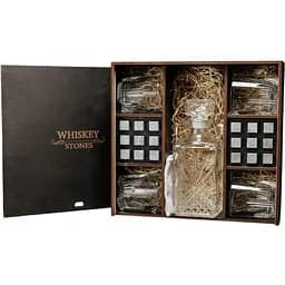 Подарунковий набір Whiskey Stones камені для віскі в дерев'яному пеналі №8 + декантер і 4 склянки Rocco Selecta + щипці + мішечок