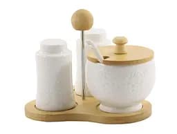 Набор для специй и фарфоровая сахарница на деревянной стойке Grazie 3 предмета (PJ02152 D)