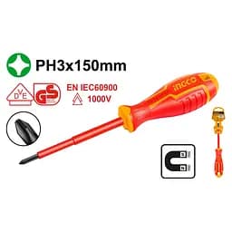 Отвертка диэлектрическая VDE крестовая PH 3х150 мм Ingco industrial (HISD81PH3150)