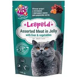 М'ясний корм для котів Леопольд Асорті з м'ясом печінкою та овочами в желе 100 г