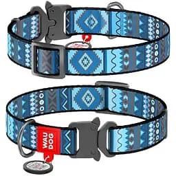 Нашийник для собак Waudog Nylon нейлоновий c QR паспортом, малюнок Етно синій, металева пряжка-фастекс, S, Ш 15 мм, Дов 23-35 см