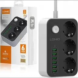 Мережевий фільтр подовжувач чорний 3 розетки з 6 USB 2м із захистом із заземленням LDNIO SE3631 2500W 10A - мініатюра 3