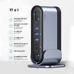 USB-хаб Baseus UnionJoy 17-Port Triple-Display Docking Station Space Grey（USB-C to HDMI4K@60Hz*2+DP4K@60Hz*1+USB3.0*3+USB-C3.0*2+USB2.0*2+PD*1+PC*1+ (B00532304811-00) - мініатюра 9