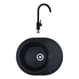 Гранітна мийка з краном овальної форми WIZ № 11 620х500 мм (Чорна)