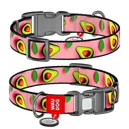 Ошейник для собак нейлоновый Waudog Nylon с QR-паспортом "Авокадо на розовом" пластиковый фастекс XL Ш 25 мм