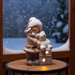 Новорічна фігурка з підсвіткою Дівчинка з ведмежам із фарфору 12×7×20 (см) новорічний декор Yiwu CR-5-5