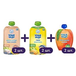 Набор пюре Чудо-чадо: Фруктово-ягодное со злаковой кашей + Яблоко и банан без сахара + Персик без сахара 540 г (6 шт х 90 г)