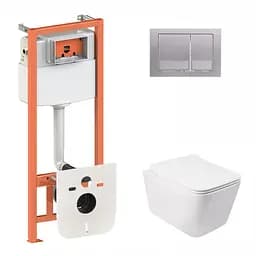 Набор Qtap инсталляция 3 в 1 Nest QT0133M425 с панелью смыва квадратной QT0111M06029SAT + унитаз с сиденьем Crow QT05335170W, Белый