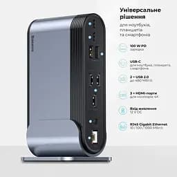 USB-хаб Baseus UnionJoy 17-Port Triple-Display Docking Station Space Grey（USB-C to HDMI4K@60Hz*2+DP4K@60Hz*1+USB3.0*3+USB-C3.0*2+USB2.0*2+PD*1+PC*1+ (B00532304811-00) - мініатюра 10