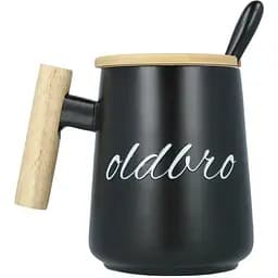 Кухоль керамічний OldBro для старого друга з дерев'яною ручкою кришкою та ложкою 480 мл black