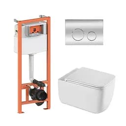 Подвесной унитаз Qtap Gemini Ultra Quiet + инсталляция Qtap Nest 4 в 1 (круглая клавиша Chrome), Белый