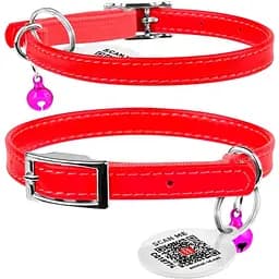 Нашийник для котів Waudog Glamour шкіряний з еластичною вставкою та QR паспортом 22-30х0.9 см червоний - мініатюра 3