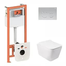 Набор Qtap инсталляция 3 в 1 Nest QT0133M425 с панелью смыва круглой QT0111M11111SAT + унитаз с сиденьем Crow QT05335170W, Белый