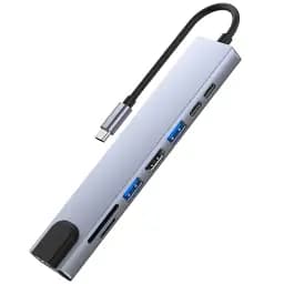Хаб USB GTL "8-in-1", Grey, Type-C 3.1 - 1xType-C (100 Вт) / 1xType-C 2.0 / 1xUSB 3.0 / 1xUSB 2.0 / HDMI / GLan / microSD / SD, кабель 15 см, алюмінієвий корпус (GTLHUB8IN1) - мініатюра 3