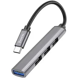 Мульти адаптер хаб Hoco HB26 4в1 Type-C to USB 3.0 F/ 3 USB 2.0 F 0.13 м темно-сріблястий