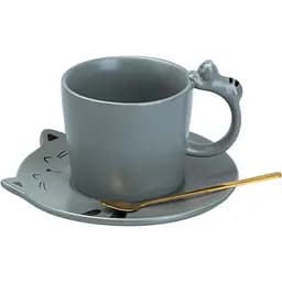Чашка керамическая Happy Life Котики с блюдцем и ложкой серая 250 мл HP7202G