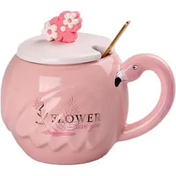 Чашка керамическая Happy Life Фламинго с крышкой и ложкой Flower 500 мл HPCY8276FW