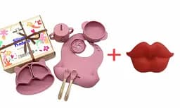 Набір силіконового дитячого посуду Cheeks для прикорму на присосках із харчового силікону темно-рожевий + Силіконова соска пустушка ортодонтична губи для новонароджених червона