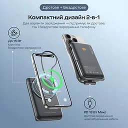 Повербанк 10000mAh Choetech B735 Black QC3.0 PD3.0 бездротова магнітна зарядка, вбудований кабель, підставка (43-00149) - мініатюра 5