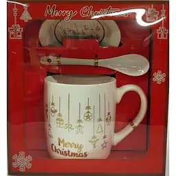 Новогодняя чашка Gee! 330 мл с тарелочкой и ложкой в ​​коробке белая (2414792530)