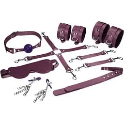 Набор Feral Feelings BDSM Kit 7 Burgundy, наручники, поножи, коннектор, маска, падл, кляп, зажимы