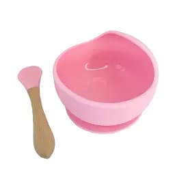 Силиконовая тарелка на присоске Mega Zayka с деревянной ложкой MGZ-0103 (Pink)