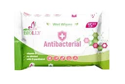 Вологі серветки антибактеріальні Biolly Antibacterial 15 шт. Серветки для обличчя та рук