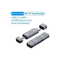Зчитувач флеш-карт Vention USB 3.0 AM/USB-C to SD+TF Gray Dual Drive Letter Aluminum Alloy (CLLH0) - мініатюра 3