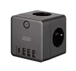 Сетевой фильтр-адаптер тройник 2E AD431-BK 3xТипF, 16A, 2xUSB-A, 1x USB-C - мініатюра 1