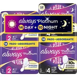 Набір гігієнічних прокладок Always Platinum Super Розмір 2, 14 шт. + Secure Night Розмір 4, 10 шт.