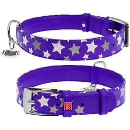 Нашийник для собак Waudog Glamour шкіряний з QR паспортом, візерунок Зірочка, що світиться/світловідбивний, M, Ш 25 мм, Дов 38-49 см (4823089301396)