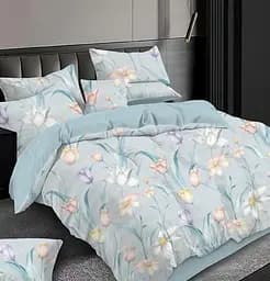 Постельное комбинированное белье Страйп сатин евро комплект двухсторонний дизайн цветочный принт Голубой