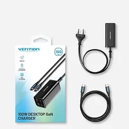 Мережевий зарядний пристрій з кабелем Vention 4-Port USB (C + C + A + A) GaN Charger (100W/100W/18W/18W) EU-Plug чорний - мініатюра 2