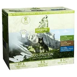 Уценка. Набор влажного корма для взрослых собак Isegrim Adult Pouch Roots Multipack II Duoprotein: Лосось и форель, Утка с сердечками, Олень и дичь 2.46 кг (6 паучей по 410 г)