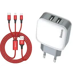 Мережевий зарядний пристрій Baseus Letour 2USB + Red Cable USB to Lightning/XiaomicroUSB/Type-C 2.4A TZCL-D92 White-Silver